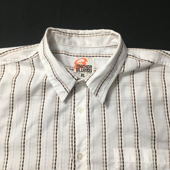 Vintage Anchor Blue Mens Button Down Shirt Large Brown Cream Striped Collared - Picture 8 of 9